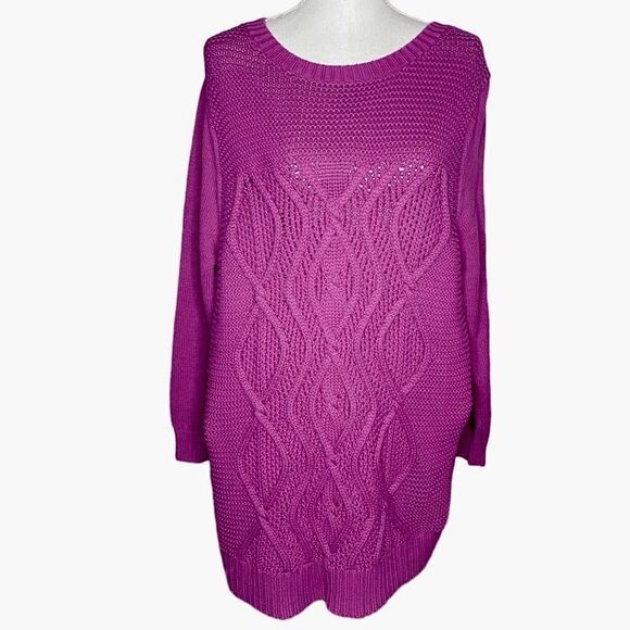 Lands’ End Drifter Wm’s Sz 1X 16W-18W Pink Purple Crew Cotton Cable Knit Sweater - Picture 1 of 3